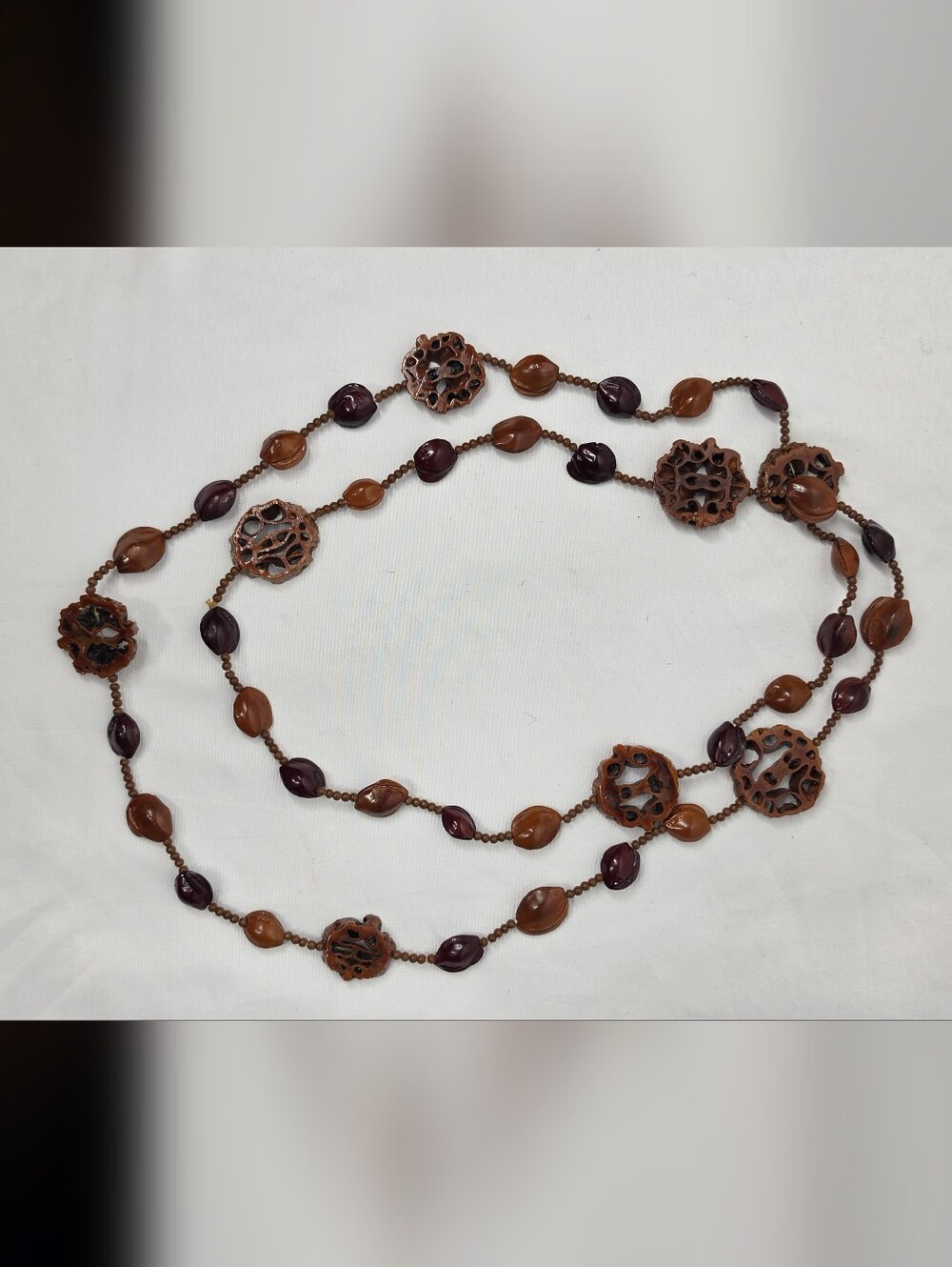 Vintage Black Walnut Carved Slice Bead Strand Necklace Long Boho Natural Organic